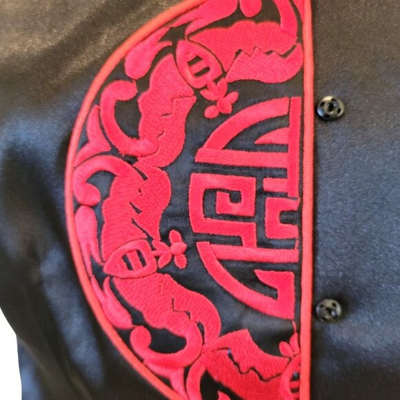 Elegant Black & Red Satin Qipao Top | Mandarin Collar | Asian Embroidered Symbol - Picture 8 of 11